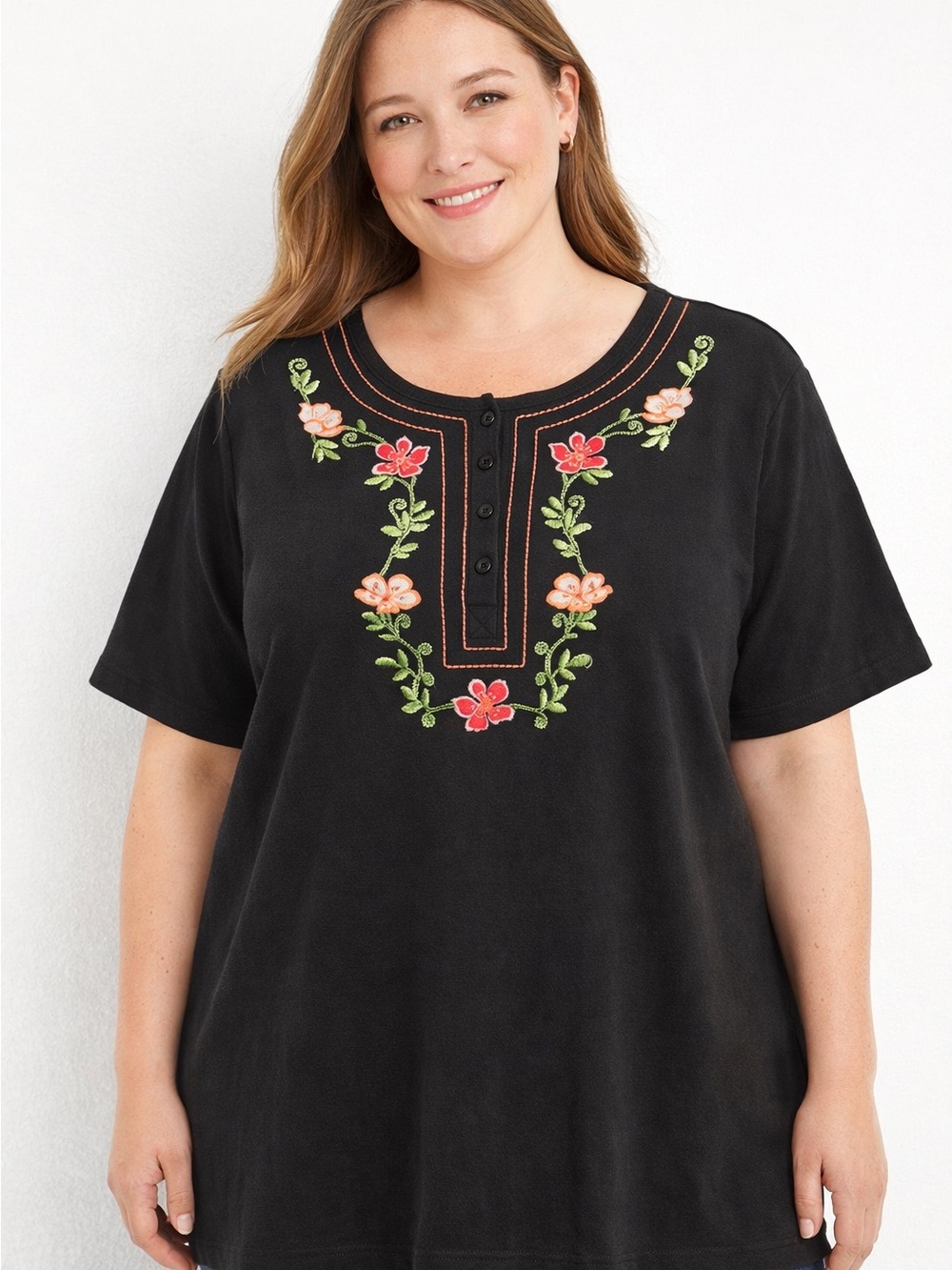 Woman Within 2X Black Embroidered Boho Top Flowy Floral Tunic breathable summer
